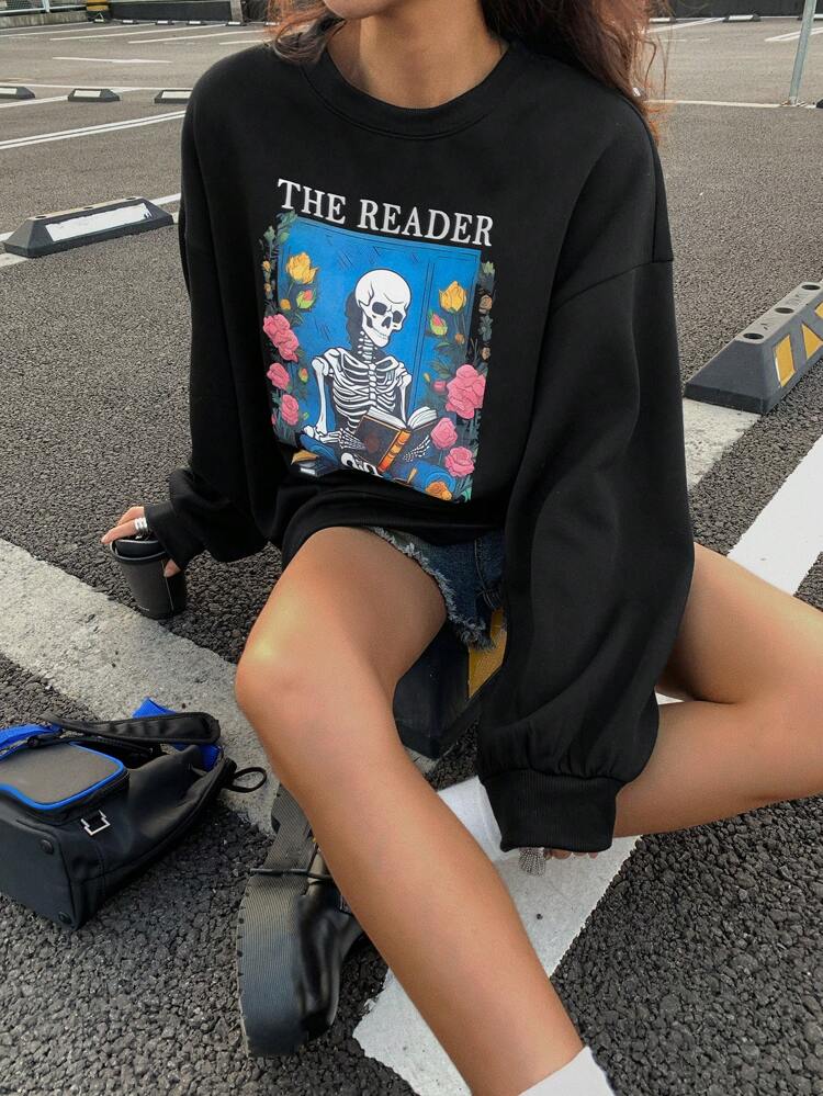 Halloween Women Crew Neck Knitted Graphic Print Sweatshirt