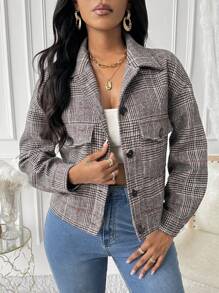 Zolique Women's Plaid Pattern Front Button Elegant Long Sleeve Overcoat Fall Cloth For Women - Grey - View 1