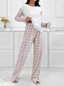 EURMUSE 2pcs Cotton Plaid Block Shirt And Plaid Patterned Lounge Bottom Homewear Set - White - View 4