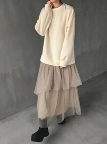 FRIFUL Women Casual Daily Chiffon Splicing Ruffle Hem Dropped Shoulder Dress, Autumn Long Sleeve Dress - Apricot - View 3