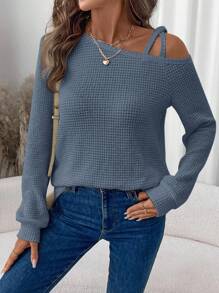 SHEIN LUNE 斜肩灯笼袖华夫格纹理面料休闲通勤户外装女士长袖T恤秋冬 - 藍色 - 查看 5
