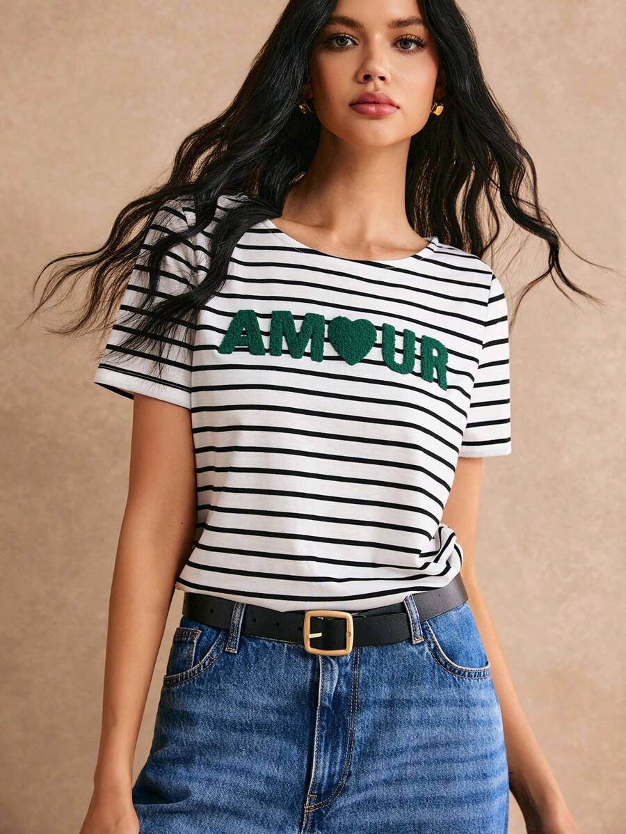 Poéselle Striped & Letter Graphic Tee - Green - View 1