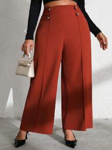 Flirla Pantalones de pierna ancha de oficina elegantes de doble botonadura de unicolor talla grande - Óxido marrón - Ver 4