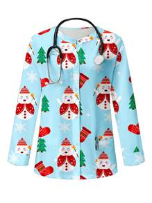 PopScrub Cute Cartoon Minimalist Christmas Snowman Print Women Open Front Pocket Nursing Uniform Top Jacket Scrubs Outerwear - Multicolor - View 1