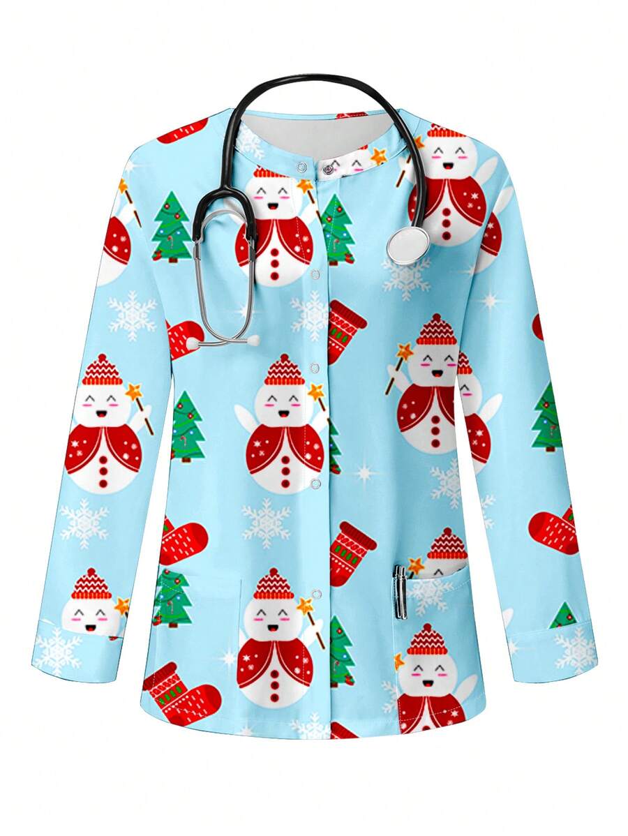 PopScrub Cute Cartoon Minimalist Christmas Snowman Print Women Open Front Pocket Nursing Uniform Top Jacket Scrubs Outerwear - Multicolor - View 1