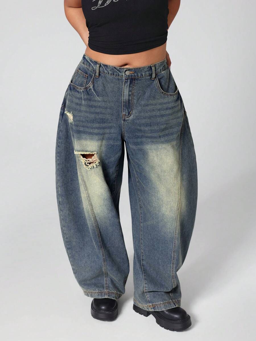 SHEIN ICON Quần Jeans Boyfriend Rộng Rãi, Cỡ Lớn, Thường Ngày, Có Dây Đeo, Giặt Sạch, Rộng Rãi, Baggy - Màu xanh lam - Xem 1