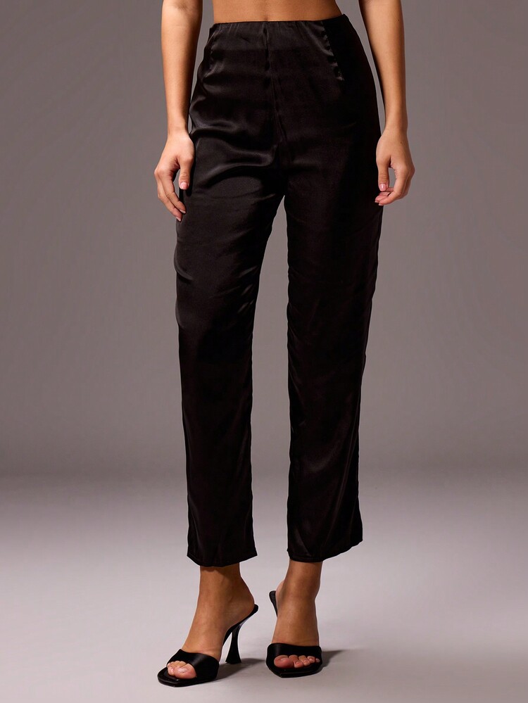 MUSERA Sexy Low Rise Straight Leg Satin Trousers Birthday 90's Summer, Holiday - Black - View 2