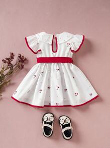 Souflis Souflis Baby Girl Cherry Peter Pan Collar Ruffled Trim Dress - White - View 3