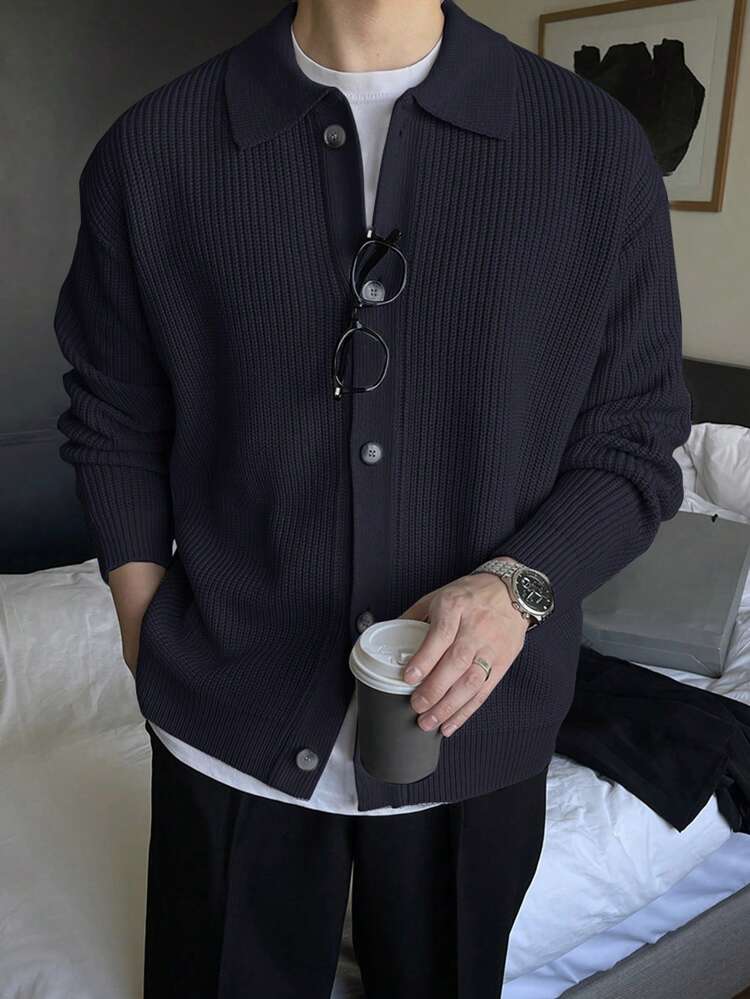 Men's Casual Navy Blue Front Button Cardigan Sweater, Autumn Jacket