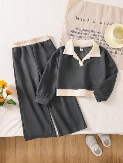 SHEIN Genkimix Kids 2 件套年轻女孩时尚宽松运动衫和高腰阔腿裤套装，休闲春秋季