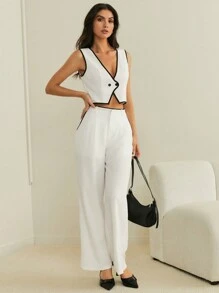 SHEIN Essnce 2 Áo không tay tương phản dành cho nữ và quần ống đứng tương phản, áo vest cài nút phía trước có họa tiết, áo vest mùa thu mới có áo vest, áo mùa thu, kẻ caro, cơ bản, vải lanh, đi làm, tối giản, văn phòng, phong cách cũ, đơn giản, - trắng - Xem 4
