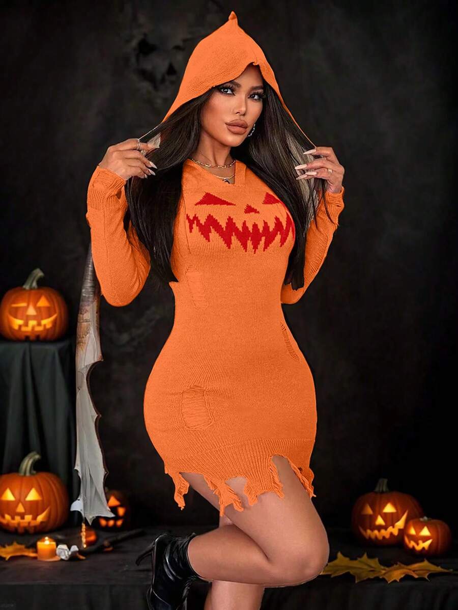 Zolique 全新万圣节南瓜与尖牙图案橙色性感镂空破洞流苏连帽衫紧身迷你女式连衣裙