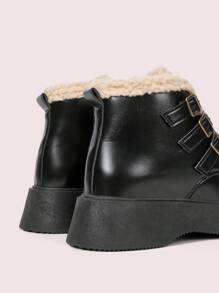 CUCCOO DOLLMOD European And American Style Black Fuzzy Cuff Warm Leather Boots With Chunky Heel And Platform, Ankle And Short Length Gothic Boots For Women For Christmas And New Year Holiday