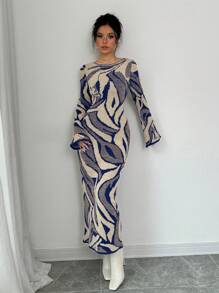 Elenzga 女士全印花圆领喇叭袖针织毛衣连衣裙