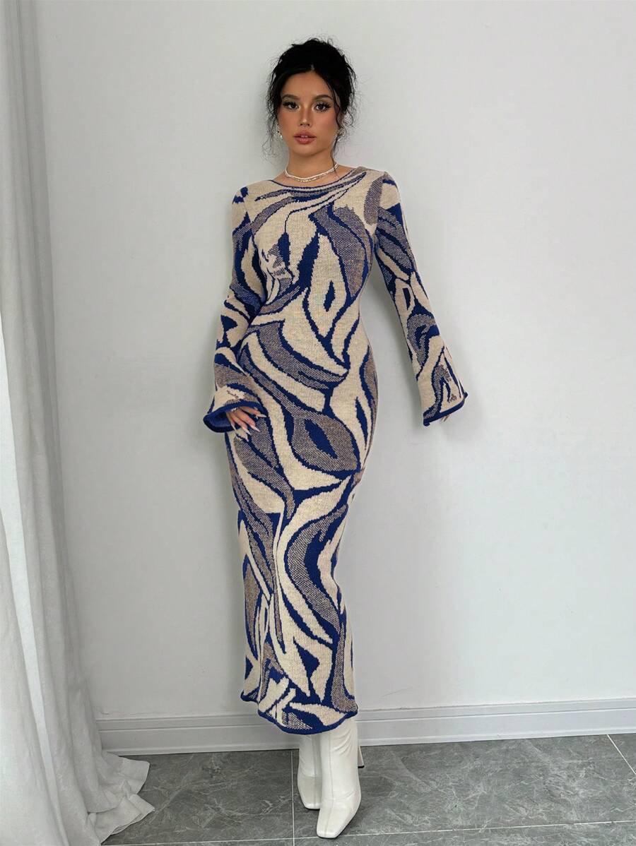 Elenzga 女士全印花圆领喇叭袖针织毛衣连衣裙