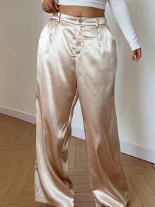 Vibekara Summer Outfits For Women Plus Size Lustrous Solid Color Drapey Diagonal Pocket Straight Leg Pants For New Year Holiday Party Clothes Fall Cloth For Women - Gold - View 6