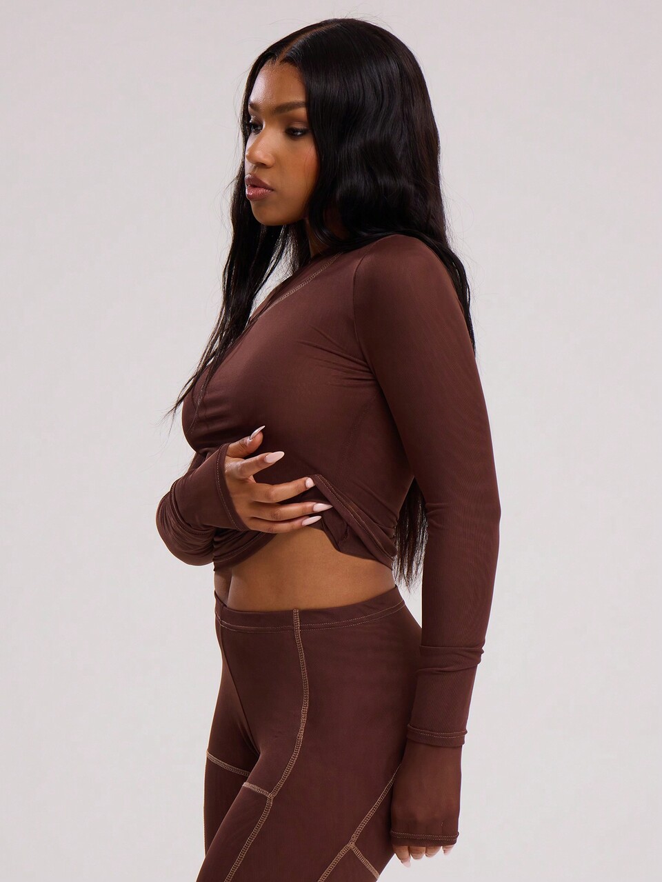 Sheer Ruched Stitched Long Sleeve Top Casual Summer Spring Holiday