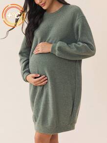 SHEIN Maternity Loose Crew Neck Drop Shoulder Solid Color Long Sleeve Sweatshirt, Autumn Fall Winter - Green - View 8