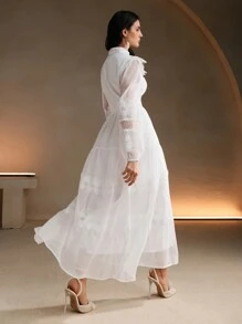 Anewsta 女士优雅花卉刺绣领中长连衣裙，春秋季长款女装 - 白色 - 查看 2