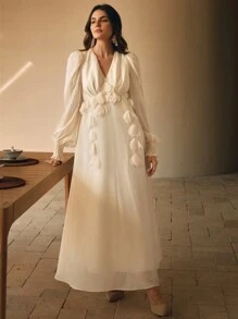 Anewsta Vestido Longo Sólido com Manga Longa e Aplicação Floral em Decote em V, Conjunto Mulheres - Damasco - Visão 7