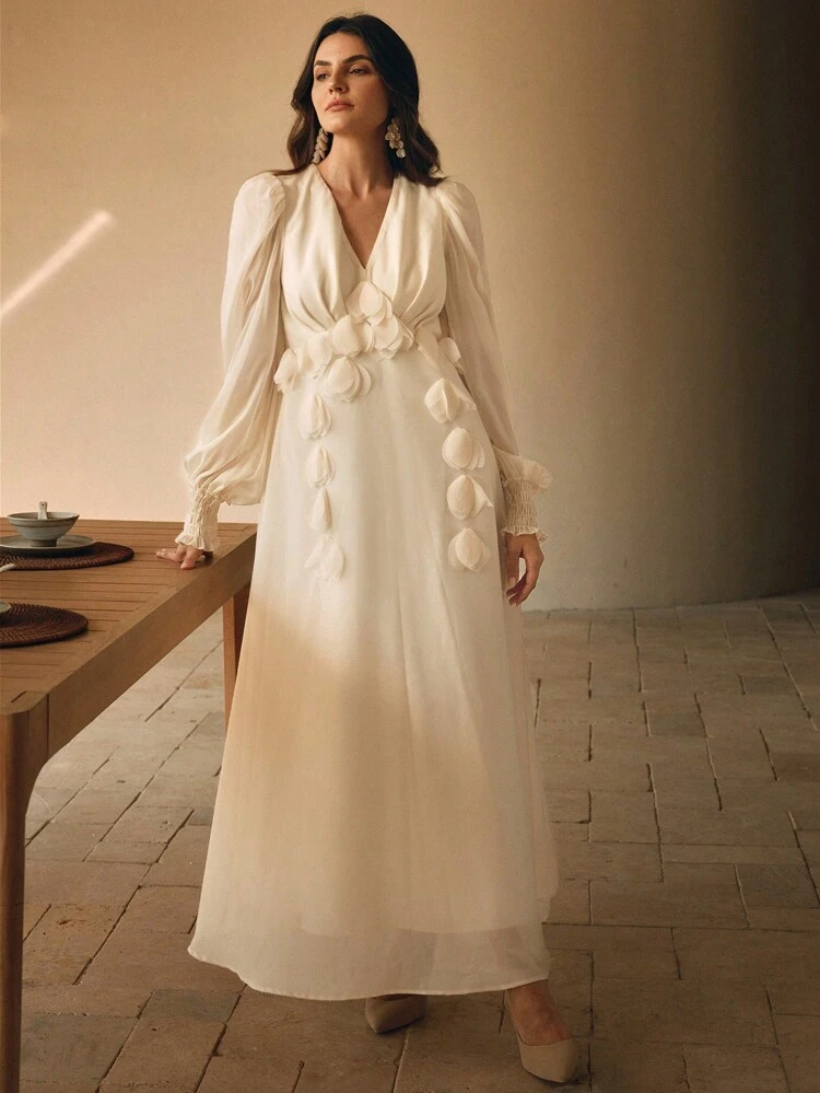 V-Neck Floral Appliqued Long Sleeve Solid Color Dress Maxi Women Outfit