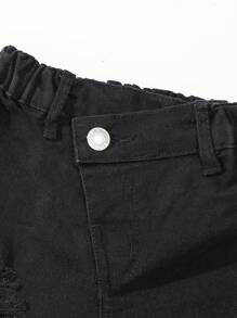 Young Girl Elastic Waist Personalized Oblique Design Distressed Ripped Denim Flare Pants - Black - View 4