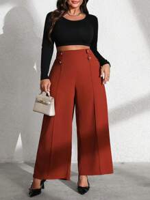 Flirla Pantalones de pierna ancha de oficina elegantes de doble botonadura de unicolor talla grande - Óxido marrón - Ver 6