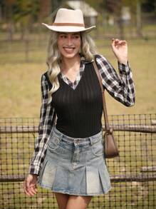 LanaWest Blusa de mujer LanaWest de ajuste regular, casual, a cuadros y con bloques de color, para primavera/otoño