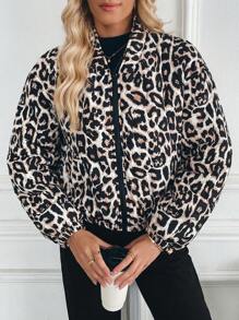 SHEIN LUNE 豹纹拉链口袋加厚棉服外套冬季 - 棕色 - 查看 7
