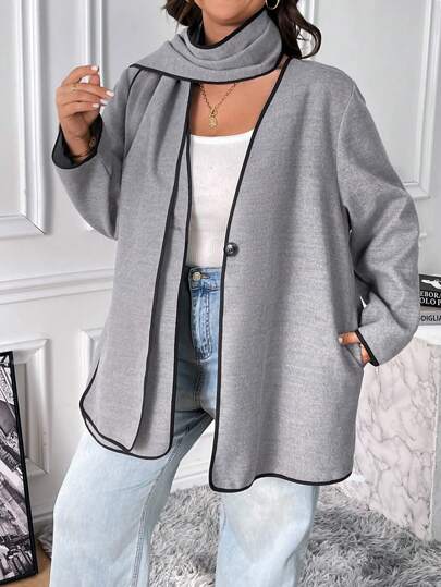 SHEIN Essnce 大码女装秋冬休闲时尚流行宽松舒适灰色围巾和长袖夹克两件套，冬季服装，曲线上衣，冬季女外套