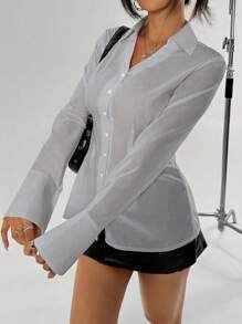 SHEIN Unity 收腰前扣休闲长袖纯色衬衫 - 灰色 - 查看 3