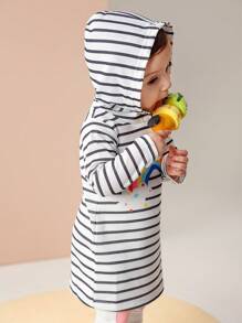 SHEIN Babygirl Simple Rainbow Striped Hooded Long Sleeve Dress, Autumn - Black and White - View 6