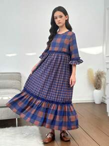 SHEIN Leap Crew Tween Girls Loose Casual Simple Comfortable Patchwork Round Neck Plaid Dress - Blue - View 3