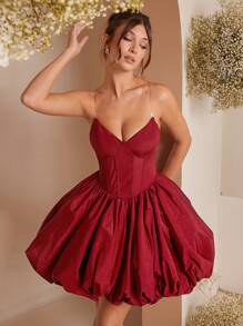 L'Amorae Vestido de fiesta mini con corpiño con cordones y bajo con volantes en color rojo