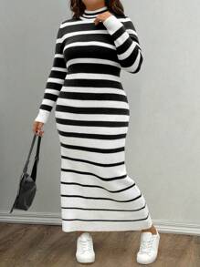 Flirla 大码立领长袖条纹简约长款毛衣裙，休闲修身，适合冬季 - 黑與白 - 查看 7