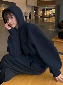 DAZY 女士刺绣图案纯色连帽拉链运动衫，秋季服装 - 藏蓝色 - 查看 3