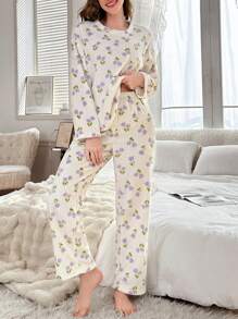Floral Print Fleece Pullover Dames Pyjama Set