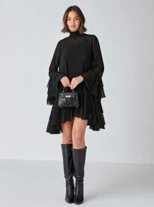 Enchnt 女士纯色网眼拼接长袖简约休闲连衣裙 - 黑色 - 查看 3