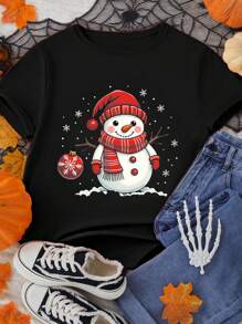 SHEIN Essnce 休闲简约圣诞雪人图案修身圆领短袖 T 恤，大码女款，适合夏季圣诞节 - 黑色 - 查看 4