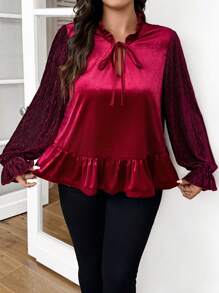 SHEIN Frenchy Plus Size Casual Solid Burgundy Loose Fit V-Neck Ruffle Hem Tie Front Velvet Blouse, Suitable For Parties, Gatherings, Dates, Autumn/Winter - Burgundy - View 4