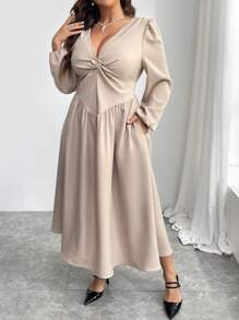 SHEIN Privé Plus Size Women Elegant Minimalist Loose Lantern Sleeve A-Line Dress, Twist Bust Design, Suitable For Date Night & Party, Autumn/Winter