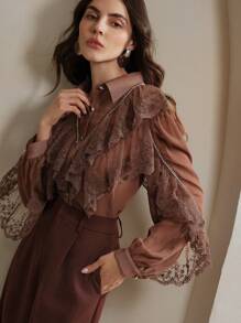 Anewsta 女士长袖蕾丝边刺绣珠饰美人鱼雪纺衬衫女式衬衫 - 棕色 - 查看 3