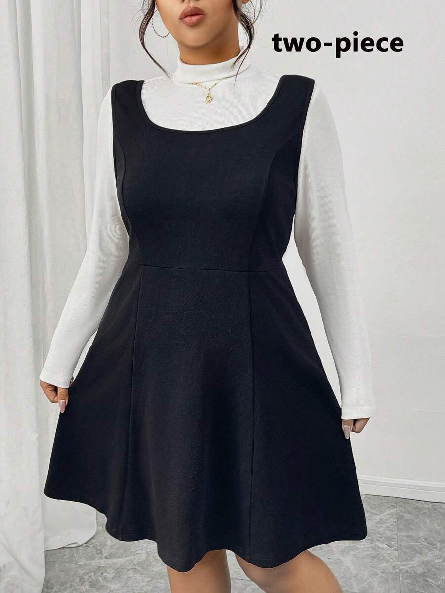 SHEIN Frenchy مجموعة المرأة ذات الحجم الكبير: ملابس علوية بياقة مربعة بدون أكمام وتنورة بخصر منتفخ مع ملابس علوية محبوك أبيض، ملابس كاجوال عصرية متناسقة