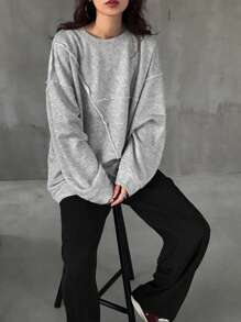 FRIFUL Áo nỉ dáng rộng cổ tròn hở vai, mặc thường ngày cho nữ, quần áo mùa thu cho nữ - Xám - Xem 3