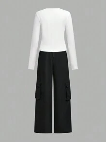 SHEIN 2pcs/Set Teenage Girls Casual Graphic Long Sleeve Crop Top & Wide Leg Pants Outfit - Black and White - View 11