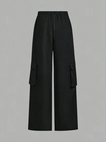 SHEIN 2pcs/Set Teenage Girls Casual Graphic Long Sleeve Crop Top & Wide Leg Pants Outfit - Black and White - View 8