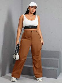 SHEIN EZwear Plus Size Solid Color Casual Straight Leg Pants With Pocket - Brown - View 4