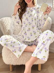 Floral Print Fleece Pullover Dames Pyjama Set