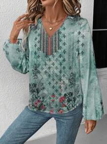 SHEIN LUNE Casual Retro Geometrisch & Bloemig Gemengd Patroon Dames Blouse, Geschikt Voor Herfst/Winter