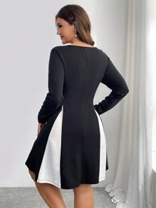 SHEIN Privé Plus Size Autumn/Winter Comfortable Minimalist High-End Casual Elegant Contrast Color High-Low Flared Hemline Long Sleeve Dress